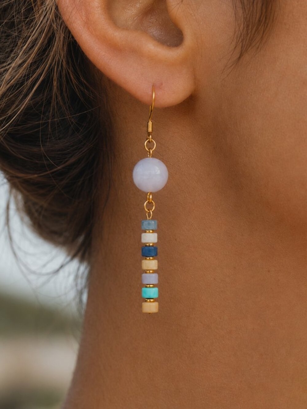 Coastal Aquamarine Turquoise Earrings – Boho Gold Dangles, Beachy Handmade